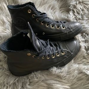 Black leather high top Converse with fleece lining